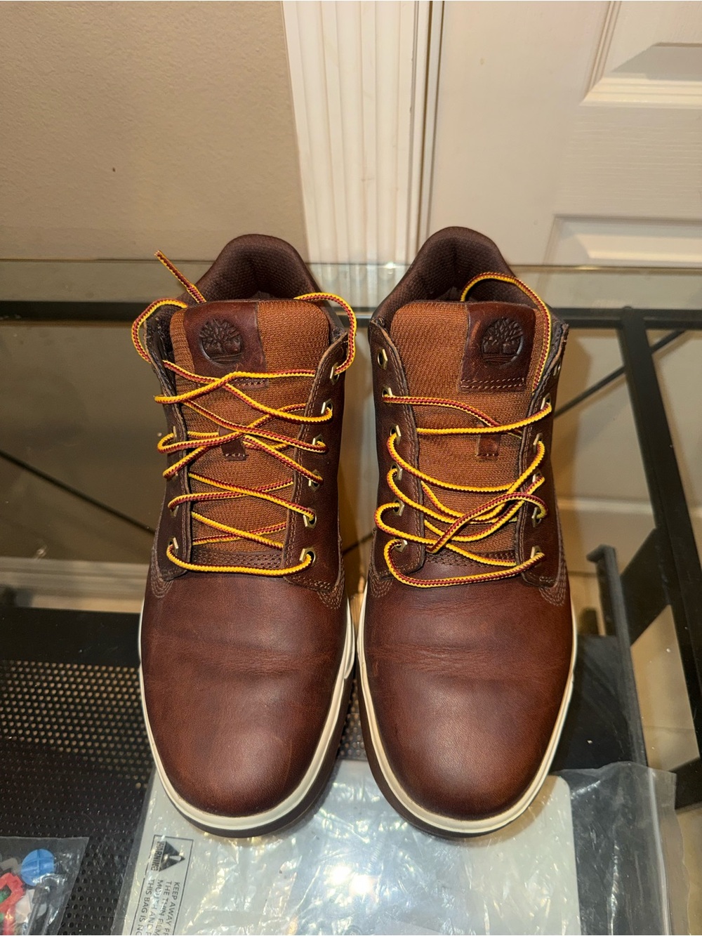 Timberland Men's Brown Leather Boots with Yellow Accent Laces
